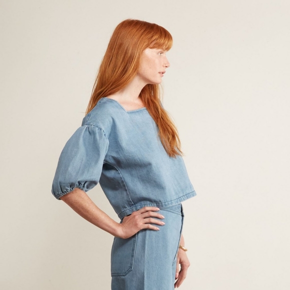 Anthropologie the Odells Denim Puff Sleeve Cropped Top - Picture 2 of 16